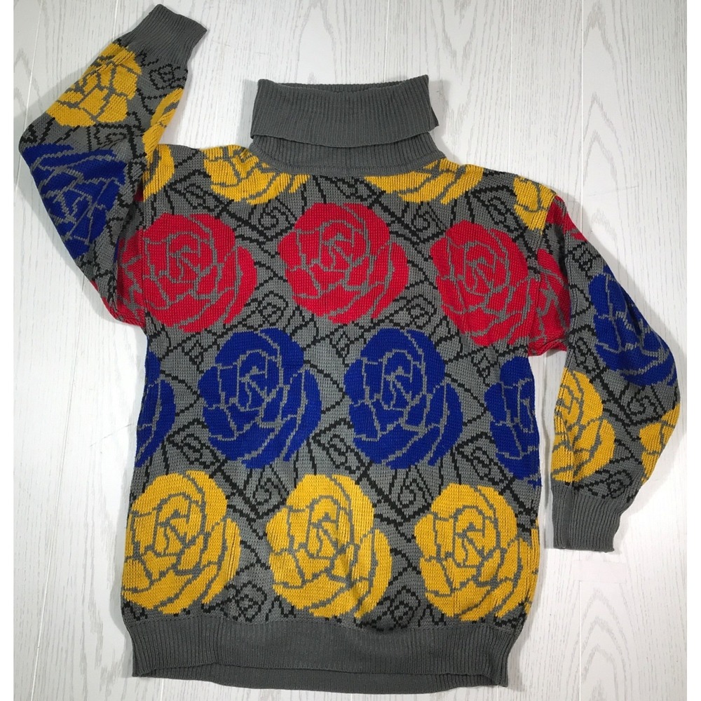 Vintage Kitty Hawk Sweater Women's (Small) Flowers Turtle Neck Acrylic Boho 80's